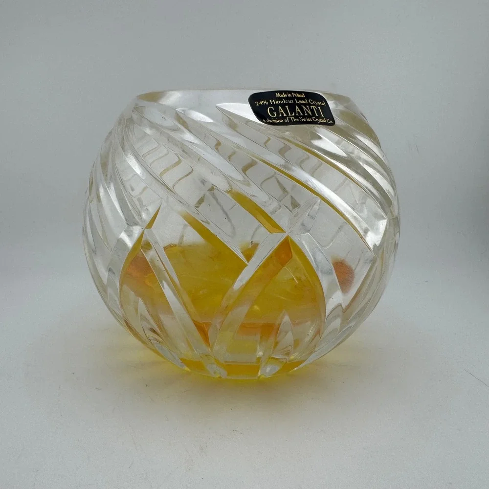 Galanti Vintage Yellow Amber Handcut Lead Crystal Swirl Rose Bowl Vase - Poland